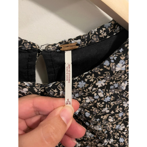 Free People Making Plans Black Blue Floral Mini Dress with Blue Accents Collar - Picture 4 of 11
